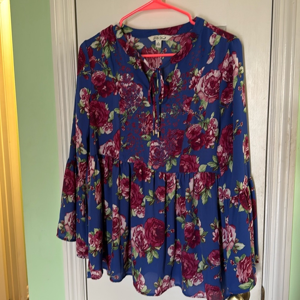Pioneer Woman Tie Neck Embroidered Detail Floral Boho Long Sleeve Top Size S
